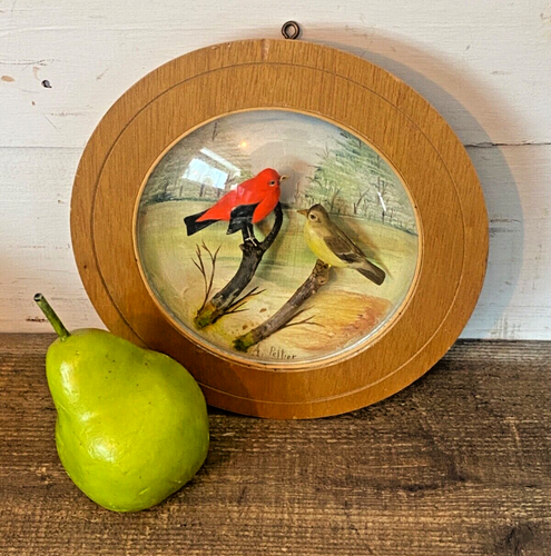 Männlicher & weiblicher scharlachroter Tanager Holzschnitzerei Diorama Skulptur von Arthur Peltier - Bild 2 von 13