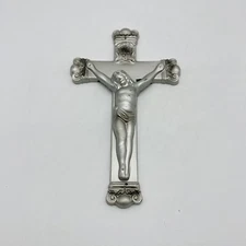 Vintage Cross Crucifix Metal Silver 7" Wall Decor White Naturally Distressed