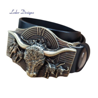 Ledergürtel + Gürtelschnalle Buckle Western Gürtel Cowboy Rodeo Longhorn .-