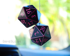 D20 Car Dice 2 Black And Pink - Holographic Dnd Hanging Mirror Charm Dangler