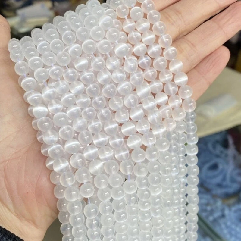 Cuentas sueltas de selenita real ojo de gato blanco grado 5A natural de 6-10 mm para joyería hágalo usted mismo Foto 2 de 4