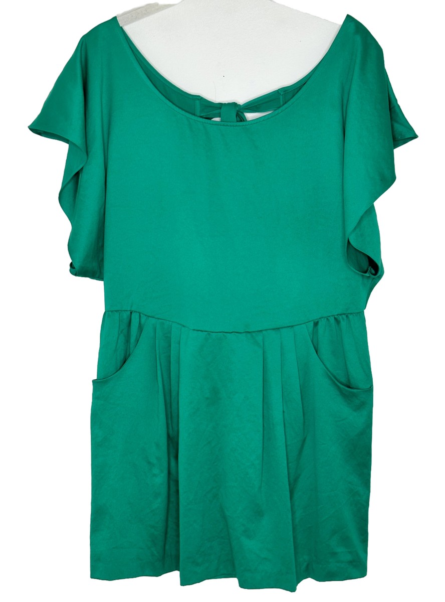 FREE PEOPLE Jade green satin backless peplum flutter sleeve mini dress Sz 8