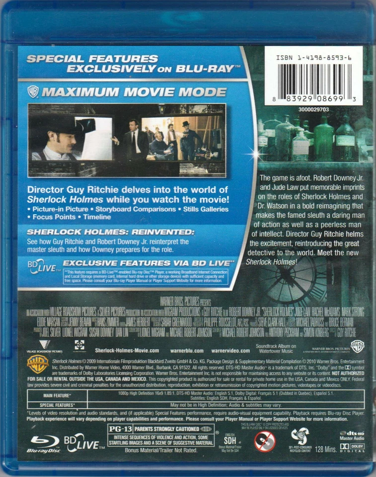 SHERLOCK HOLMES The ROBERT DOWNEY Jr. BLU-RAY of CLASSIC MYSTERY Comedy THRILLER - Image 2 of 2