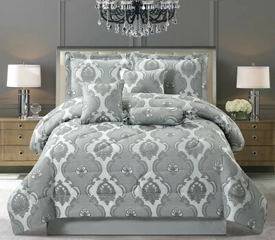 Grey Beige Luxury 3 PC 7 PC Quilted Jacquard Comforter Bedspread Throw Curtains
