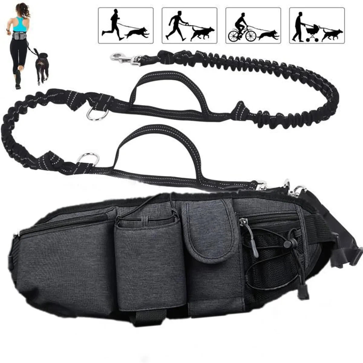 Laisse chien mains libres nylon élastique avec poches et ceinture ventrale de running