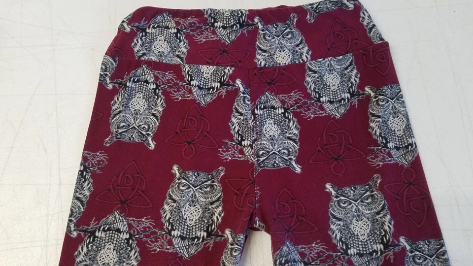 Leggings femininas LuLaRoe tamanho único vermelha com corujas cinza elástica 3363 - Imagem 3 de 4