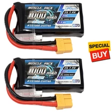 NHX Muscle Pack 2S 7.4V 1000mAh 25C Lipo Battery w/ XT60 Connector (2)