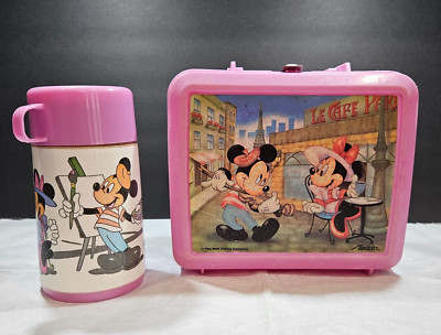 Vintage Aladdin Mickey Minnie Mouse ''Le Cafe Peri'' Plastic Lunch Box and Thermos