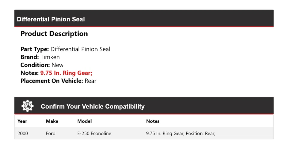 Sello de piñón diferencial Timken trasero para Ford E-250 Econoline 2000 Foto 2 de 4