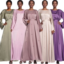 Islamic Women Abaya Satin Long Maxi Dress Ramadan Kaftan Dubai Party Kaftan Robe