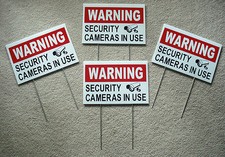 4 WARNING SECURITY CAMERAS IN USE Coroplast YARD SIGNS 8x12 w/ Stakes Security