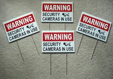 4 WARNING SECURITY CAMERAS IN USE Coroplast  YARD SIGNS 8x12 w/ Stakes  Security