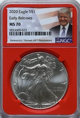2020 MS 70 Silver Eagle Trump Red Core NGC Graded Coin 45th President - Image 1 of 2
