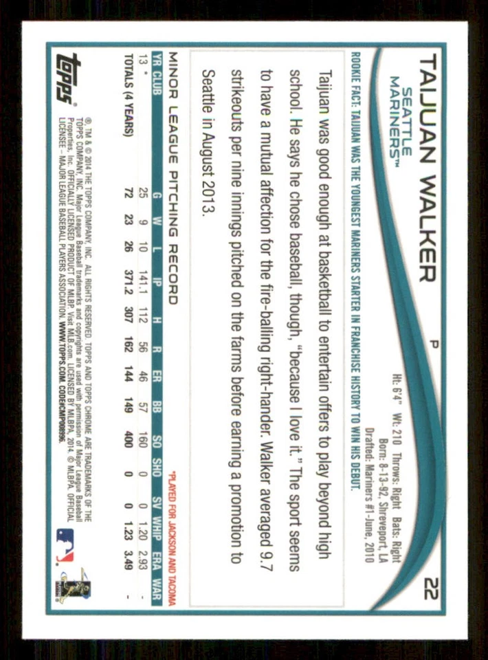 2014 Topps Chrome #22 Taijuan Walker RC - Image 2 of 2