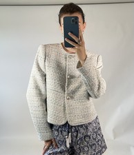 Zara UK M Jacket Blue White Tweed Tailored Classic Silver Button Blazer