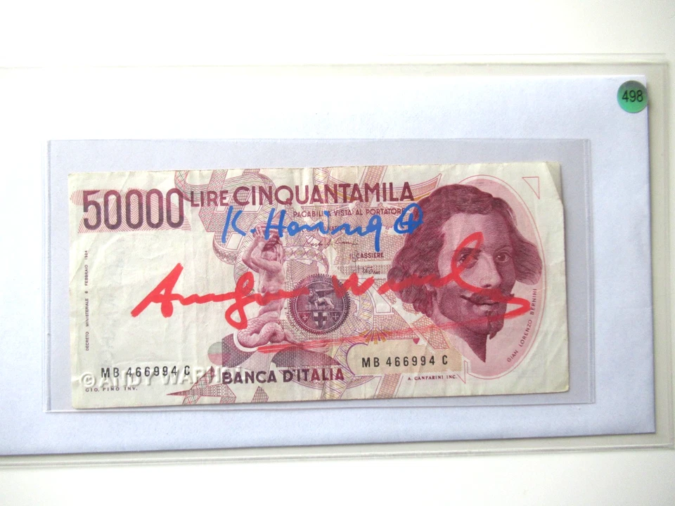 A. WARHOL/K.HARING: 50.000Lire "BERNINI" 2x Original SIGNIERT IN ROT - Bild 2 von 4