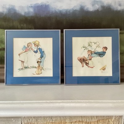Set Of 2 Norman Rockwell Art Prints Metal Square Frames Boy Girl Children Vtg