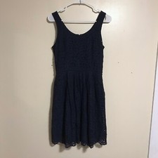 J Crew Factory Dark Navy Blue Sleeveless Lace Eyelet Dress Size 4 With Pockets