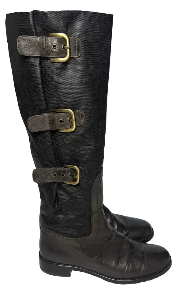 Botas Stuart Weitzman Talla 9 Altas Cuero Recubierto Lona Hebillas Laterales Rodilla Marrón Foto 2 de 4