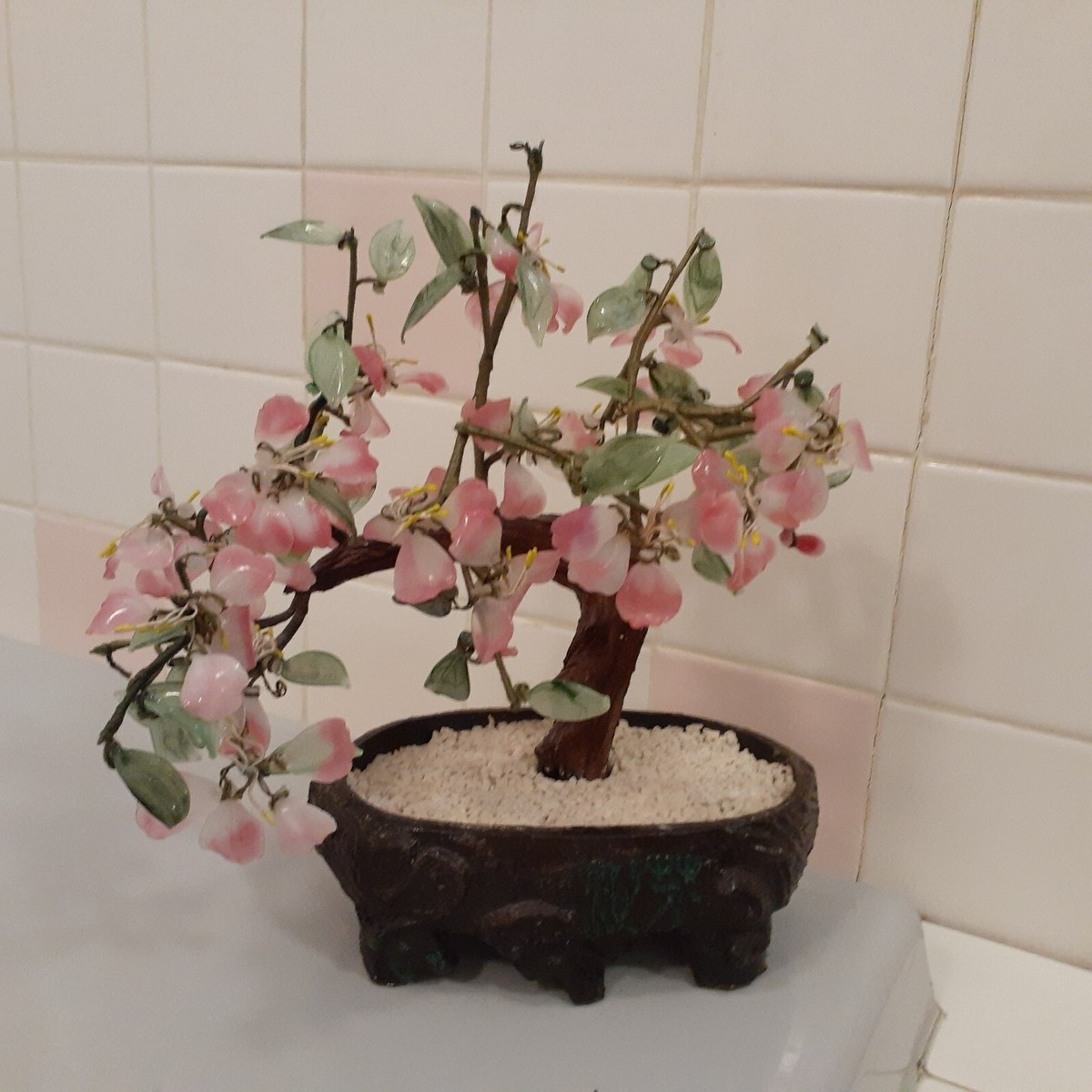 Vintage Chinese Beautiful Decorative Semi Stone Jade Glass Bonsai