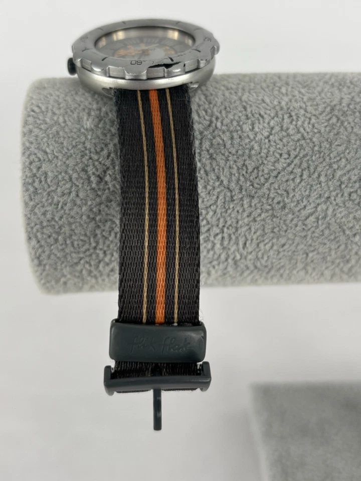 Flik Flak By Swatch 33mm Silver/Gray Watch w/Striped Nylon Band & New Battery - Image 4 of 4