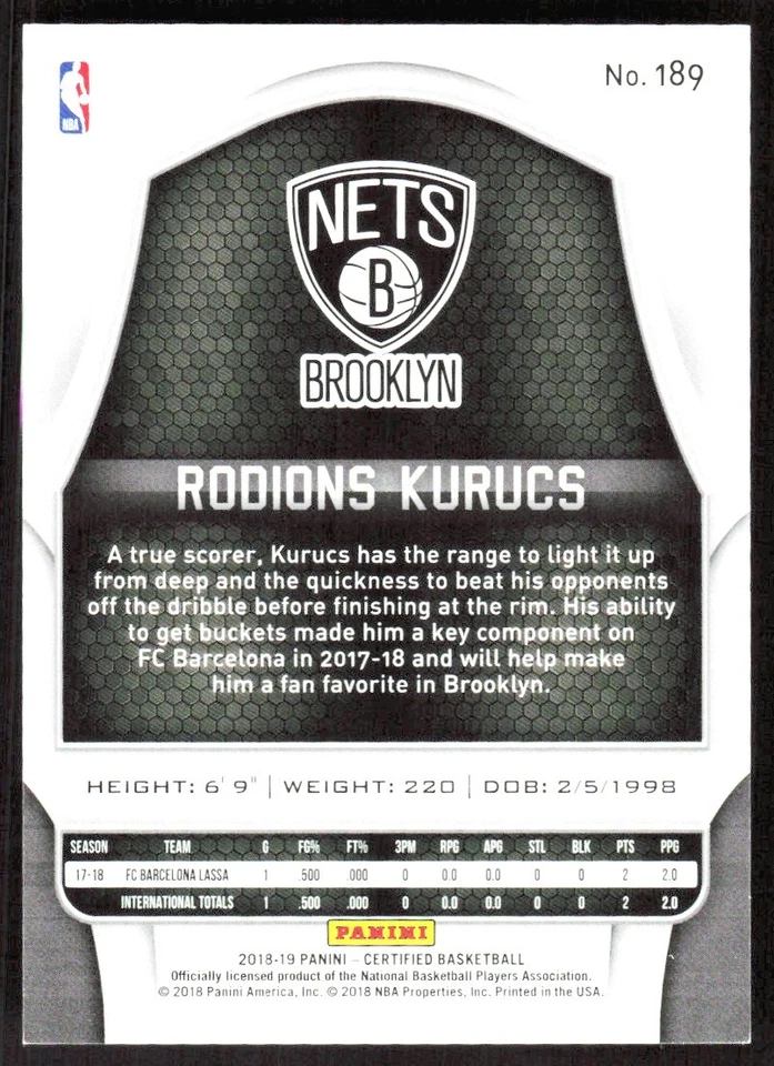 2018-19 9042B Panini Certified Blue Rodions Kurucs Rookie 086/199 Brooklyn Nets - Image 2 of 2
