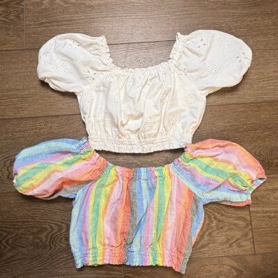 Gap Girls Cotton Puff Sleeve Top, Set of 2, Size Small, Linen, Eyelet, Summer