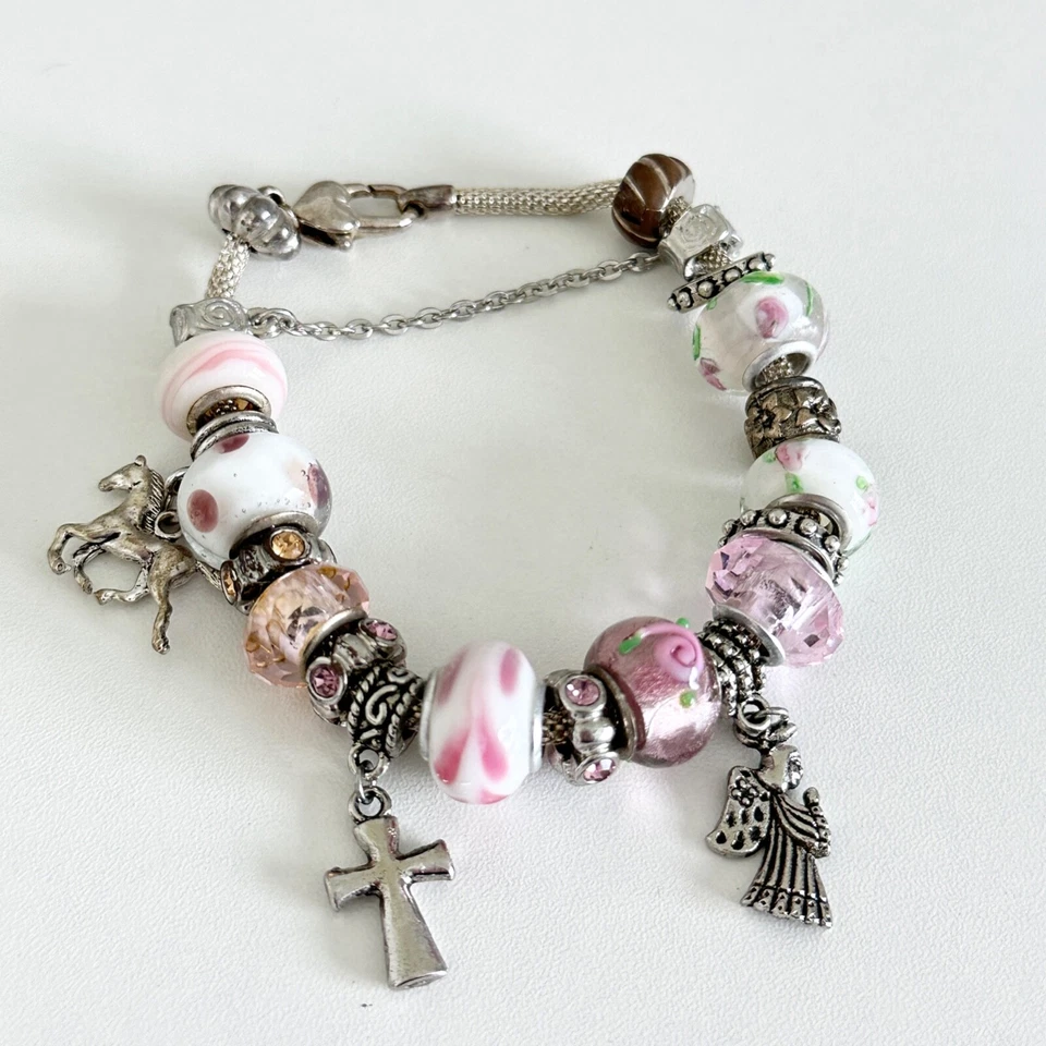 Pink Themed Silver Tone Murano Glass Beads Silver Tone Charm Bracelet 7.75" - Image 2 of 4