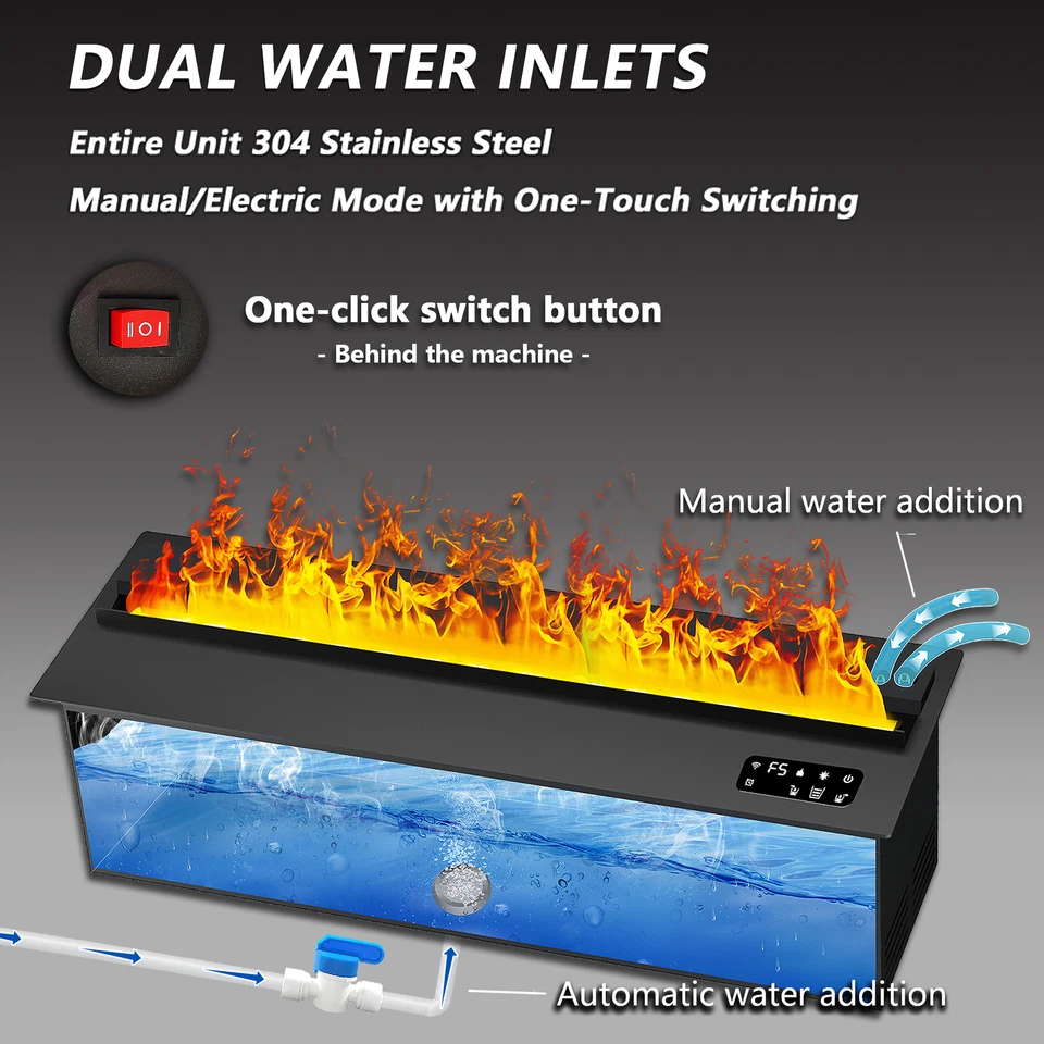 3D Water Vapor Electric Fireplac with Dual-mode Water Supply System,Flame Color - Image 2 of 4