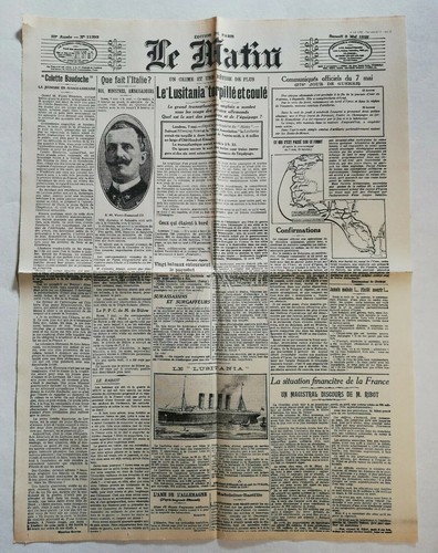 N954 La Une Du Journal Le Matin 8 mai 1915 lusitania torpillé et coulé  - Foto 1 di 2