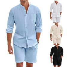 Beach Suit Men Summer Cotton Linen Outfit 2-Piece Short Sleeve Shirt +Shorts Set