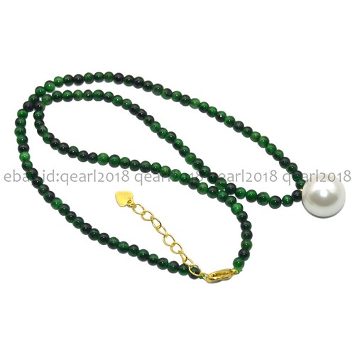 4mm Natural Assorted Gemstone 14mm Round White Shell Pearl Pendant Necklace 18'' - Picture 188 of 198