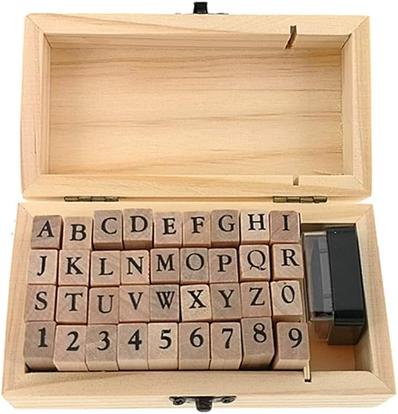 Vintage Wooden A-Z Alphabet and Number Stamps Set 36pcs DIY Scrapbooking Craft Kit