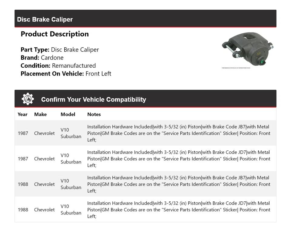 Pinça de freio a disco dianteira esquerda Cardone Chevrolet V10 Suburban 1987-1988 - Imagem 2 de 4