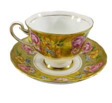 VTG Royal Albert Gold Pink Yellow Garden Flowers Porcelain Teacup Saucer England
