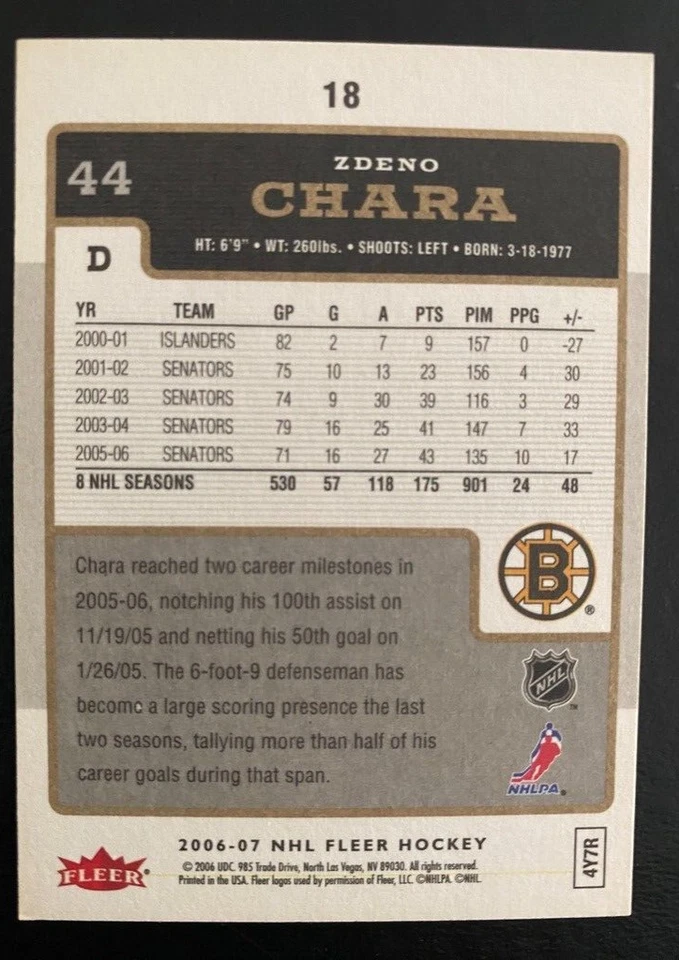 Zdeno Chara 2006-07 NHL Fleer Hockey #18 Boston Bruins - Image 2 of 2