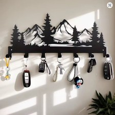 Forest Mountain Wall Key Holder Metal Hooks Rack 25cm Black Home Decor