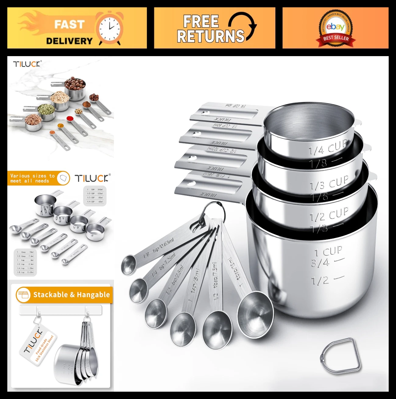 Stainless Steel Measuring Cups & Spoons Set - Kitchen Gadgets for Cooking & Baki