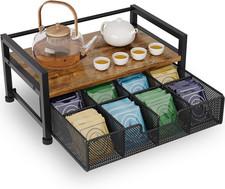 Metal Tea Bag Holder Storage Organizer Box with Drawer 8 Compartments, Cofee Bar