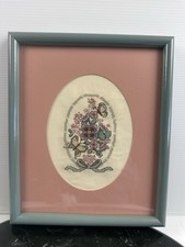 Vintage Cross Stitch Butterflies  Floral Heart Folk Art Oval Pink Mat Framed