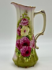 Stunning Vintage Hand Painted 13.5 Inch Tall Fine Porcelain Tankard Pitcher