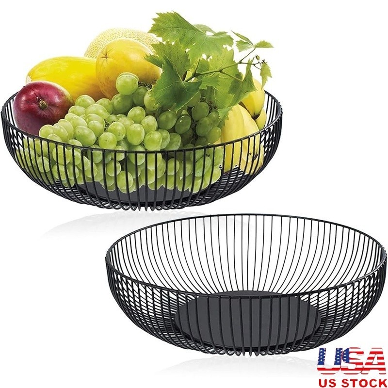 Large Metal Fruit Basket 2pcs Wire Design Countertop Holder Kitchen Organizer US
