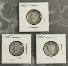 1943 S, 1943 P, 1943 D MERCURY DIMES, CIRCULATED, UNGRADED