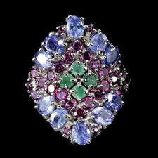 925 Sterling Silver Ring Oval Tanzanite Emerald Natural Gemstone Jewelry Size 7.