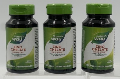 Lot of 3 Nature s Way Zinc Chelate 30mg 100 Capsules Each 300 Total EXP 03/2028