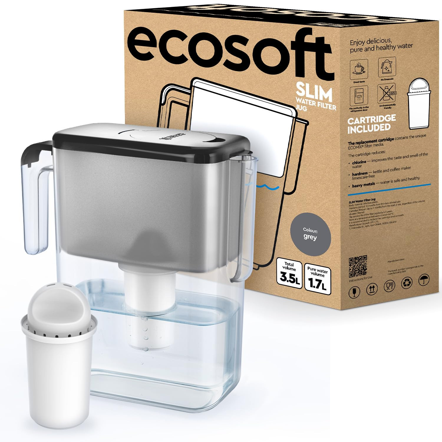 Caraffa Filtrante 3,5L Slim Grigia: Design Elegante e Acqua Purificata
