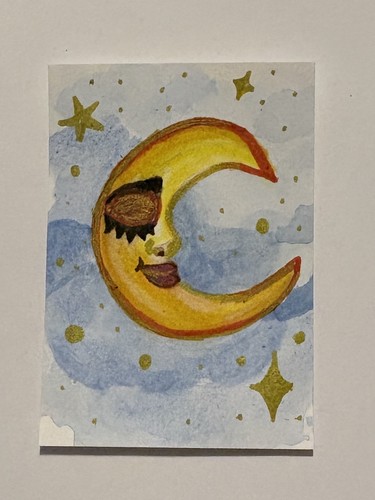 ACEO Original Watercolor Celestial Moon Tarot Art Card  - Planetbrey
