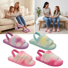 Ladies Slippers Girls Fluffy Mules Furry Open Toe Rainbow Fur Shoes Sandals Size