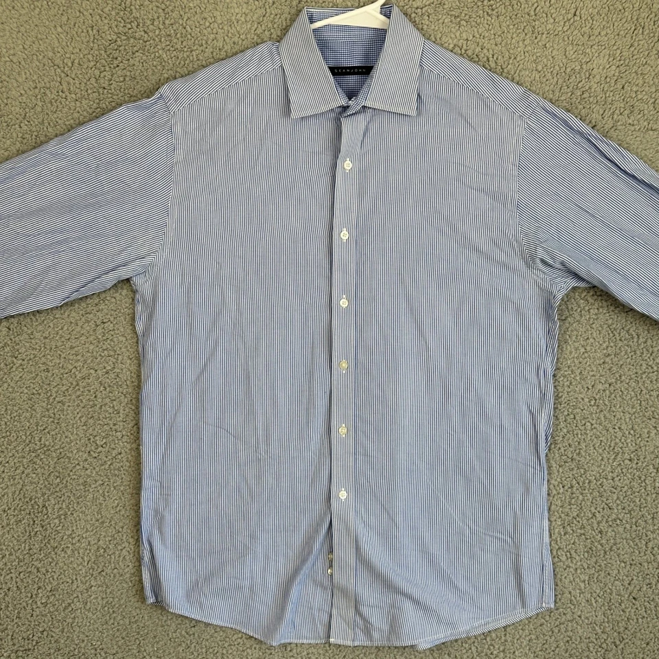 Sean John рубашка платье мужской 15,5 32-33 синий белый в полоску французский манжеты на пуговицах - Изображение 3 из 4