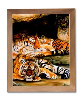 African Tiger Cat Family in Cave Animal Wildlife Wall Picture Honey Framed Art P